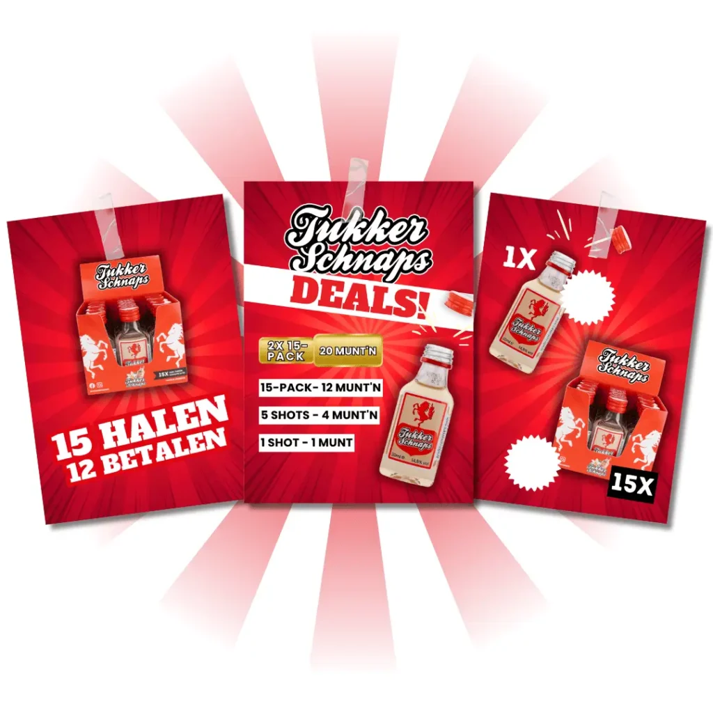 Posterdisplay met drie opvallende Tukker Schnaps-acties voor promotie op feesten en evenementen.