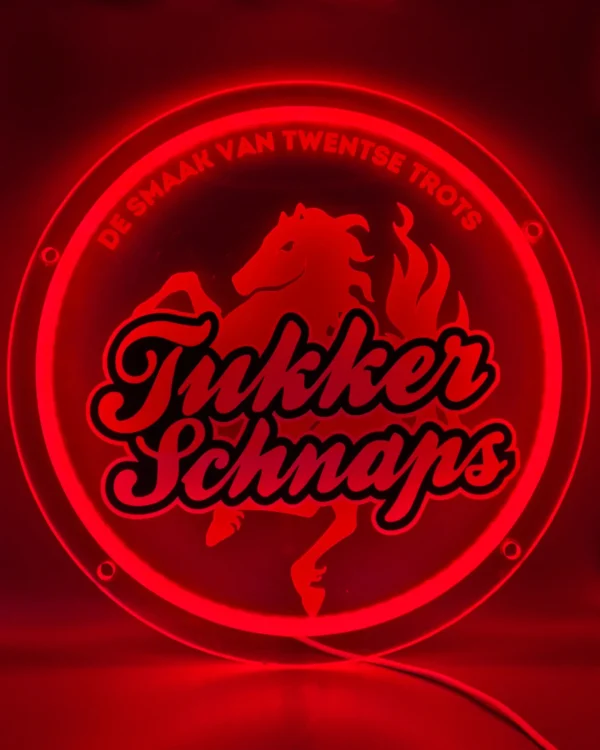 Tukker Schnaps LED neon bord met rood paard en rode verlichting van 33 cm