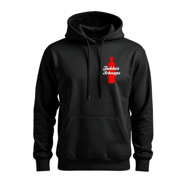 Zwarte Tukker Schnaps hoodie uniseks met capuchon en bedrukking voor en achter